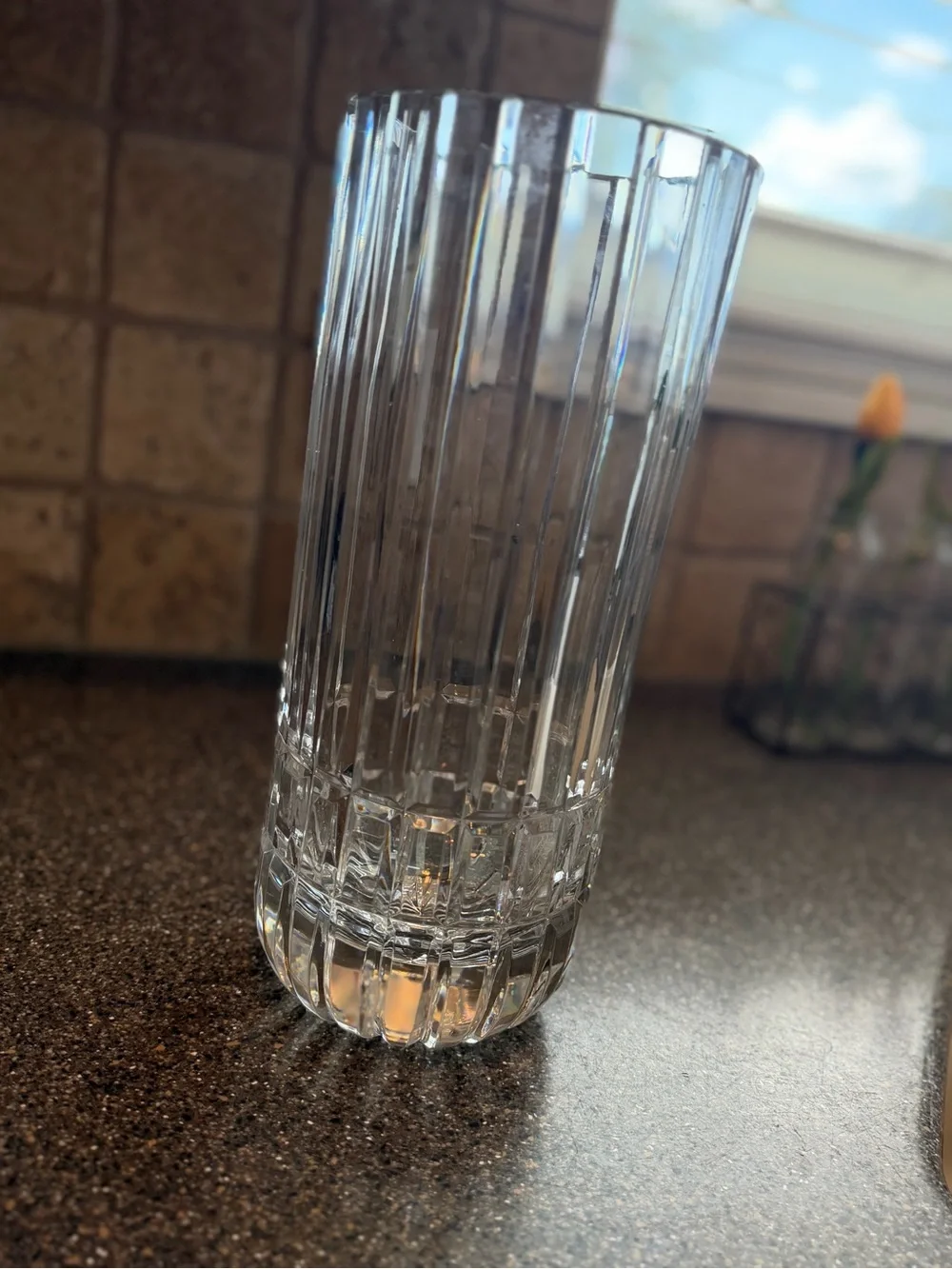 Tall Cut Crystal Glass Vase Starburst Base 12” Heavy Statement Vase